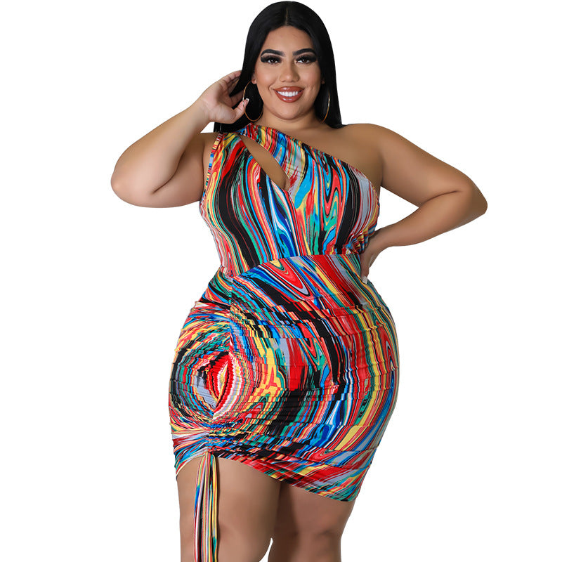 My927 plus Size Women Clothes Pattern Print One-Shoulder Sleeve Sexy Drawstring Bag Hip Dress