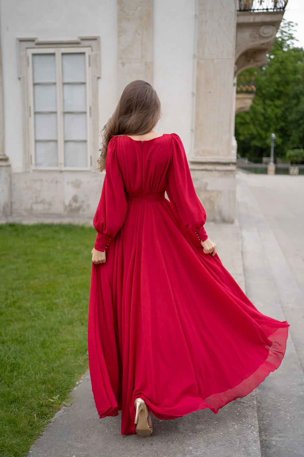 Fall Women  Clothing Dress Sexy Chiffon Long Sleeve Red Dress Long Dress