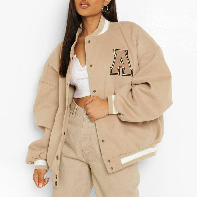 Women’s Autumn Winter Hip Hop Fleece Padded Varsity Jacket