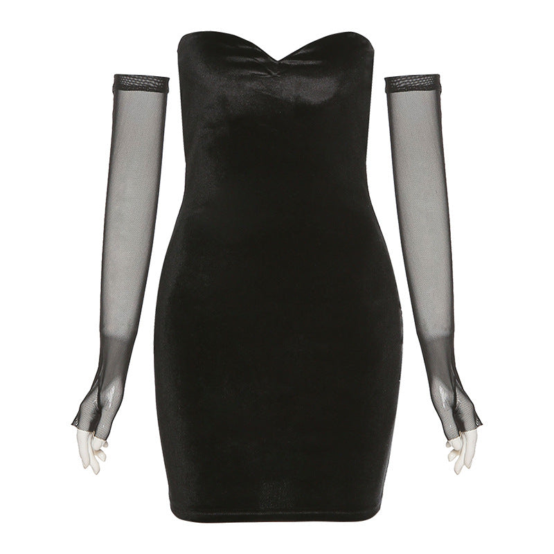 Winter Trendy Women Clothing off-Neck Sexy Slim-Fit All-Match Slimming Sheath Dress Opera Glove