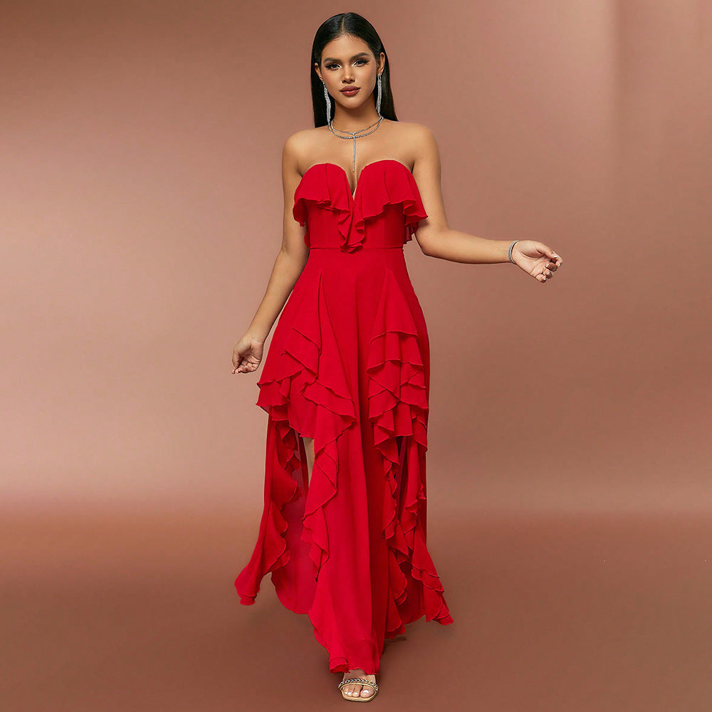 Spring Summer Women Clothing Fashionable Elegant Dress Tube Top V neck Flounce Backless Evening Dress