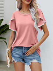 Women Clothing Summer Round Neck Tassel Tulip Sleeve T Shirt Casual Top Women