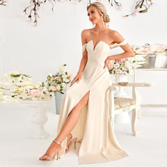 Apricot Tube Top V neck High Slit A line Dress Wedding Bridesmaid Dress Evening Maxi Dress