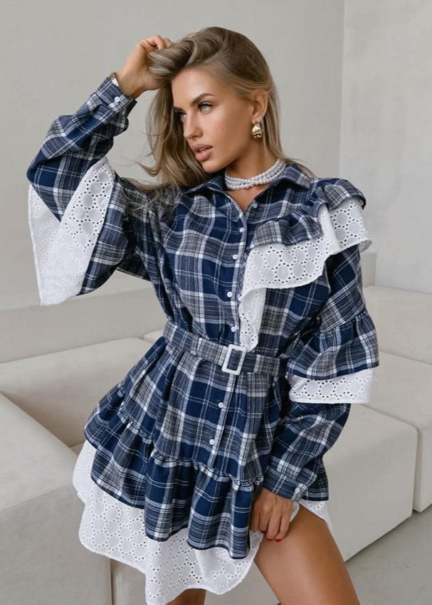 Plaid Elegance Ruffle Shirt Dress