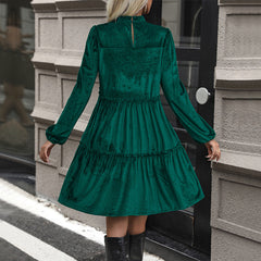 Long Sleeve Patchwork Autumn Winter Women Clothing Dress Velvet Dress