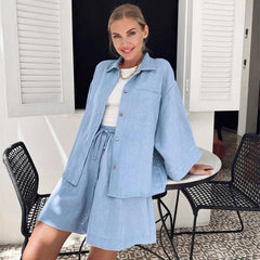 Summer Cotton Long Sleeve Shorts Pajamas Casual Loose Nightgown Worn outside Ladies Homewear