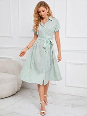 Summer Women Clothes V Neck Belted Polo Collar Striped Midi Dress Long