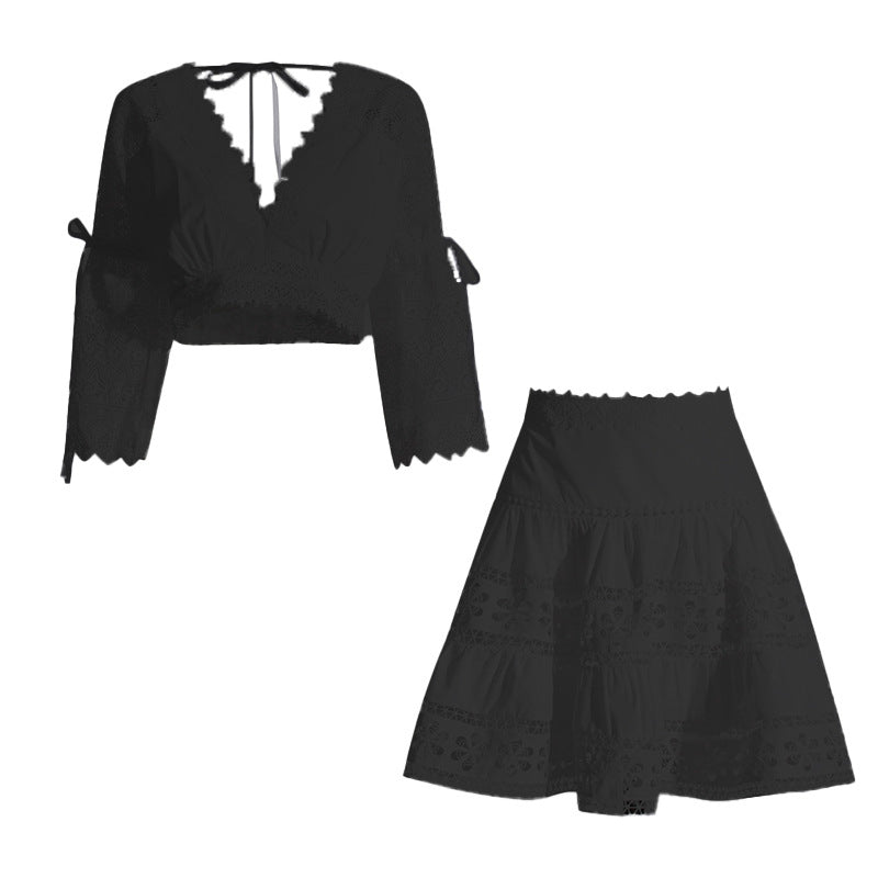 Autumn Elegant Lady V neck Short Top Ultra High Waist Pleated Skirt Set Two Piece Set