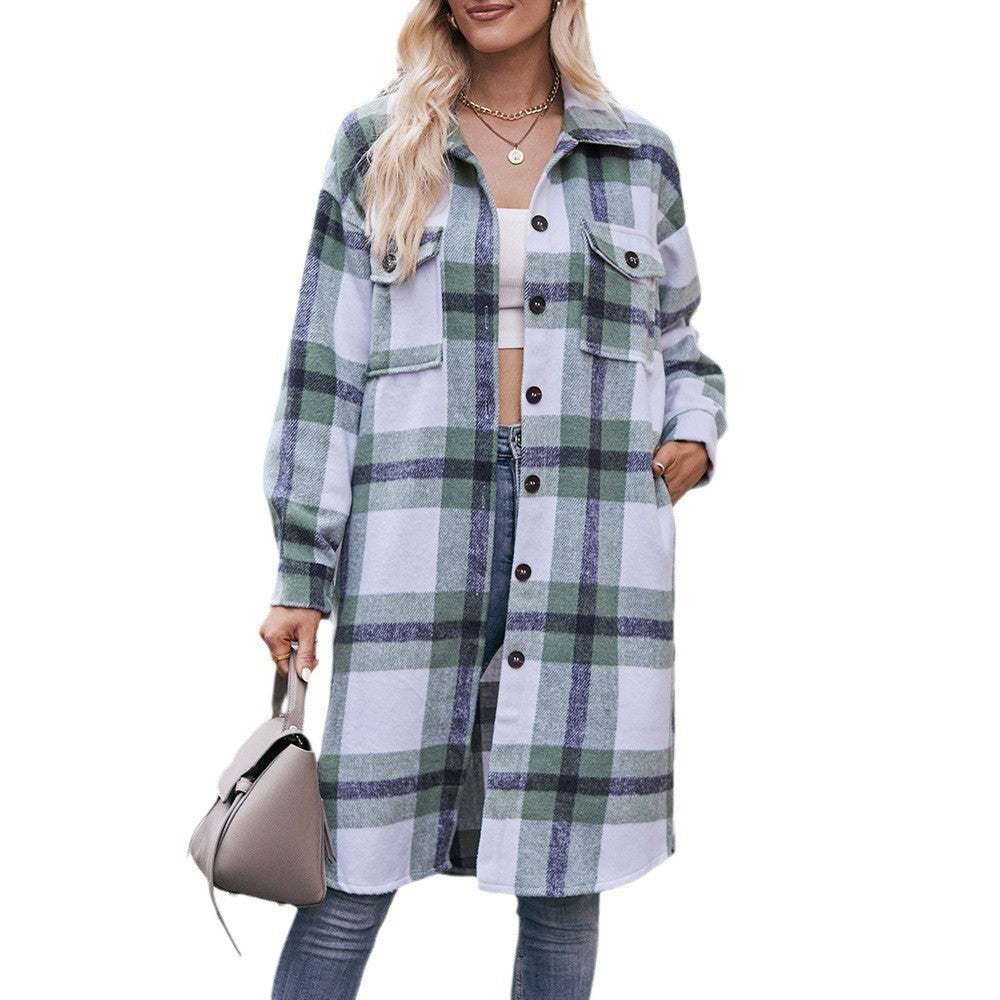 Women Autumn Winter Ladies Casual Flannel Plaid Shirt Long Coat