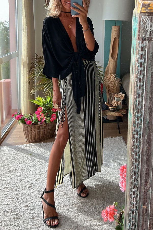 Casual Satin Top and Striped Slit Skirt Set – Trendy Fashion Outfit