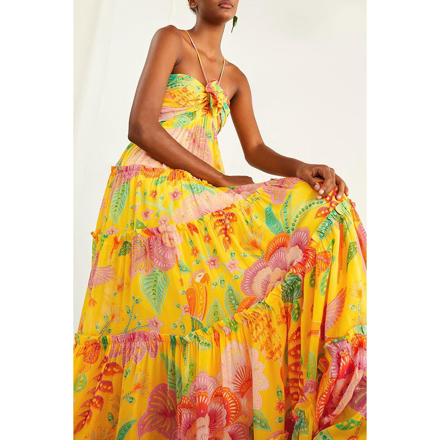 Hanging Neck Printed Floral Design Backless Straight Maxi Dress