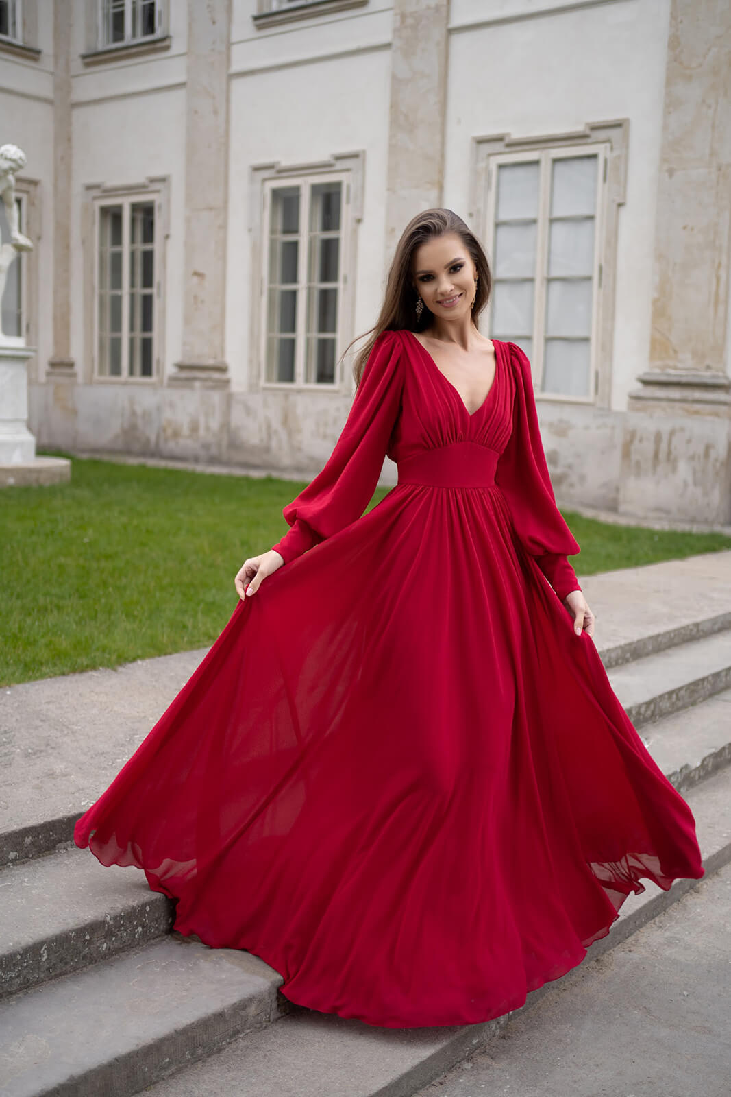 Fall Women  Clothing Dress Sexy Chiffon Long Sleeve Red Dress Long Dress