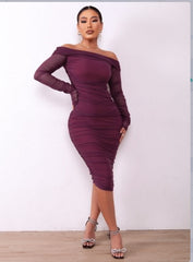 Women Solid Color Sexy Slim Party Long Sleeve off Shoulder Pleated Dress – Early Spring Style