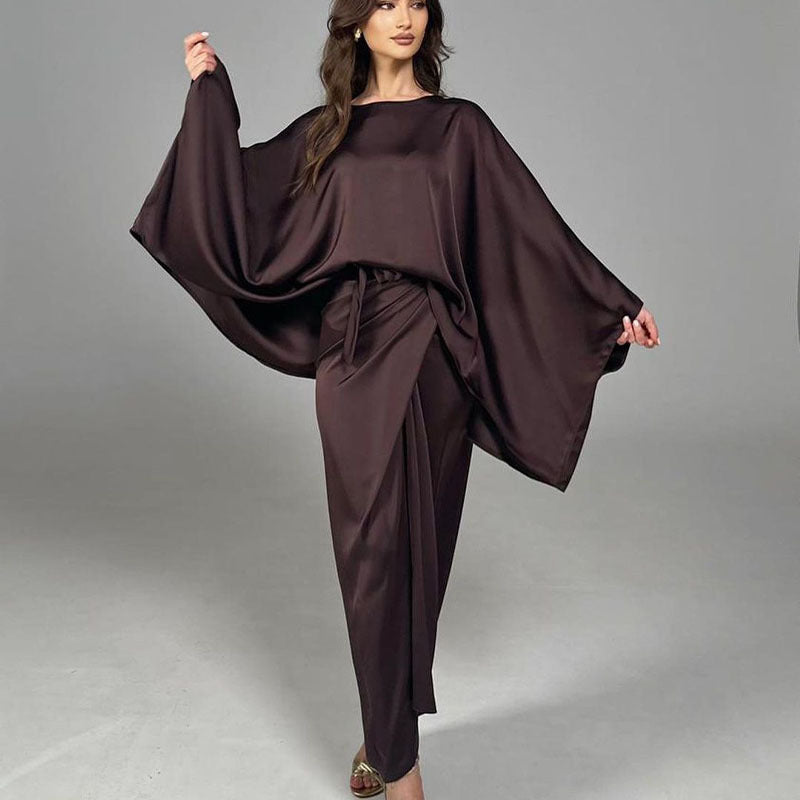 Satin Batwing Sleeve Irregular Asymmetric Long Two Piece Set Women’s Skirt