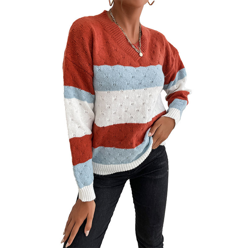 Autumn Winter Casual Top Color Matching Long Sleeve Sweater Loose Women