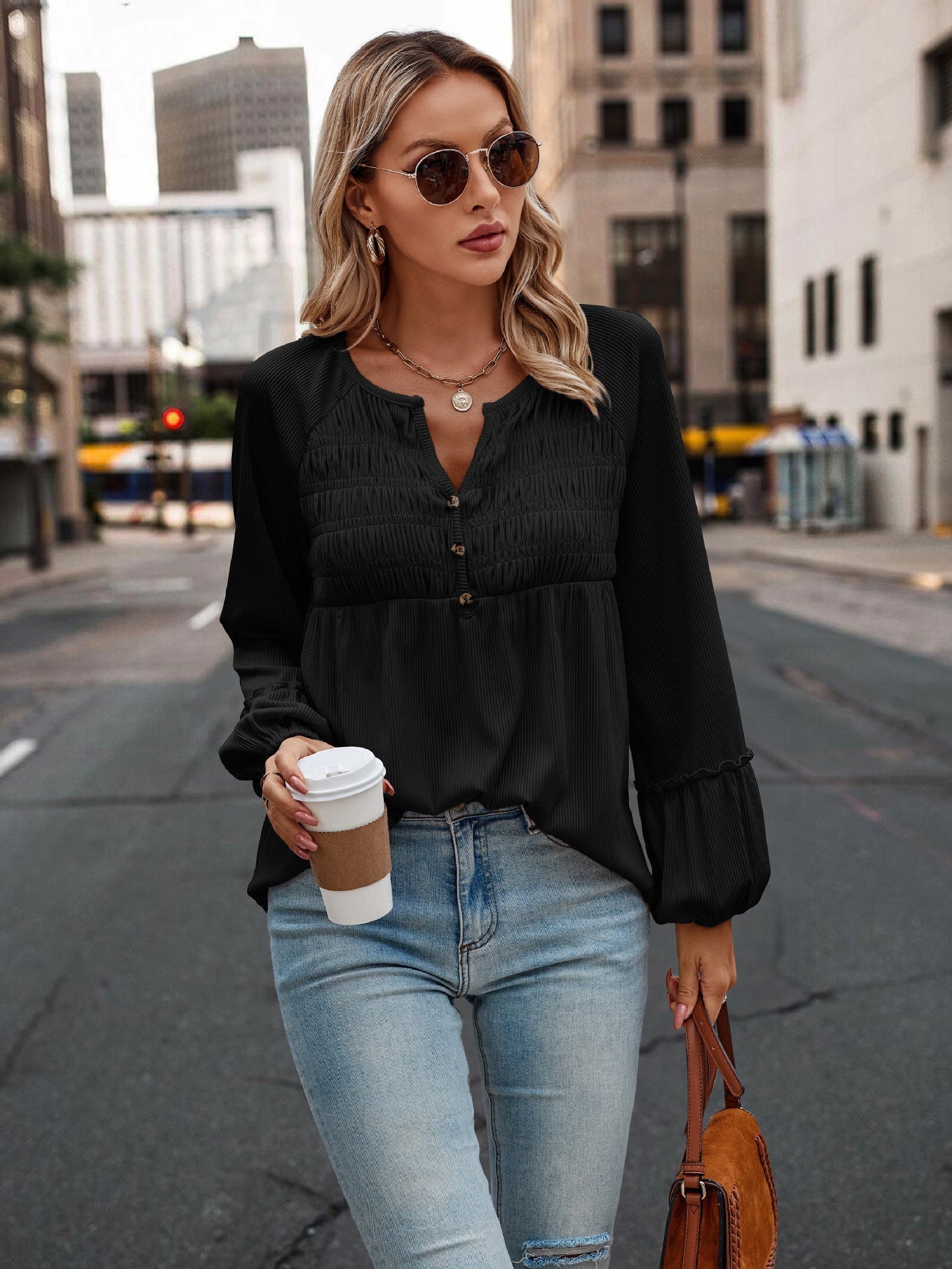 Autumn Solid Color Pleated Long Sleeve Top