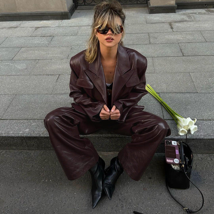 Faux Leather Jacket And Pants Suit