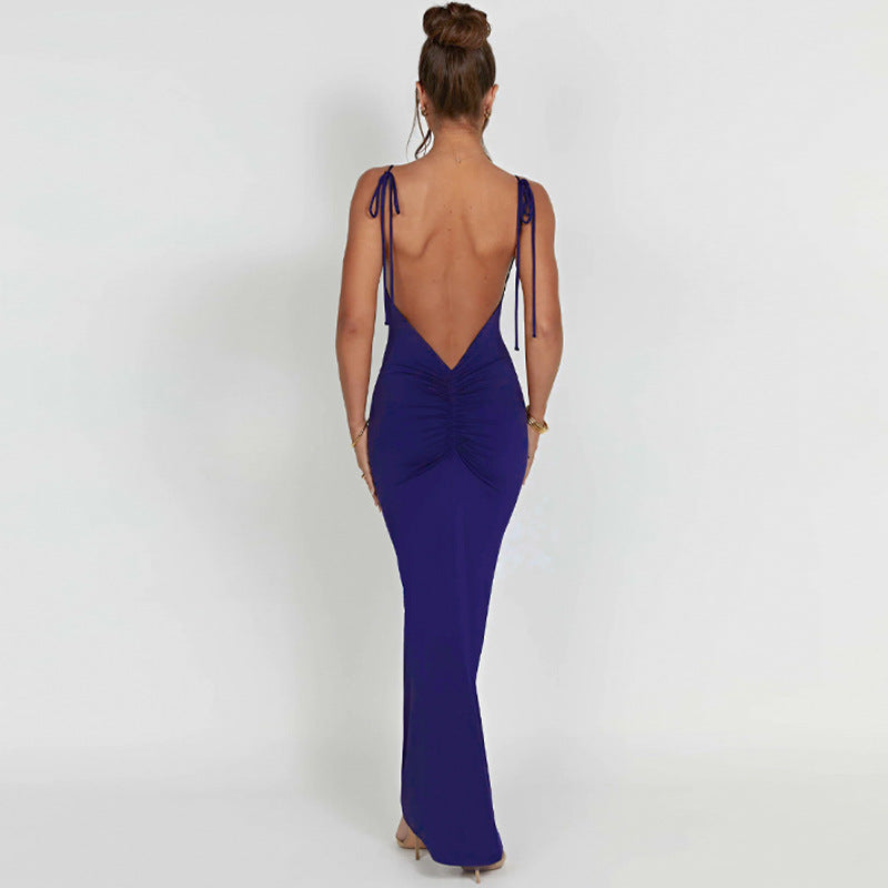 Women Summer Sexy Backless Pleated Slim Solid Color Sling Dress