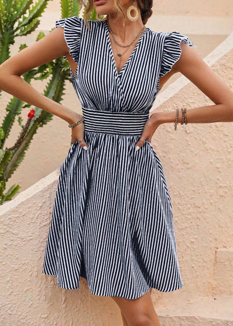 Striped Flutter Sleeve A-Line Dress