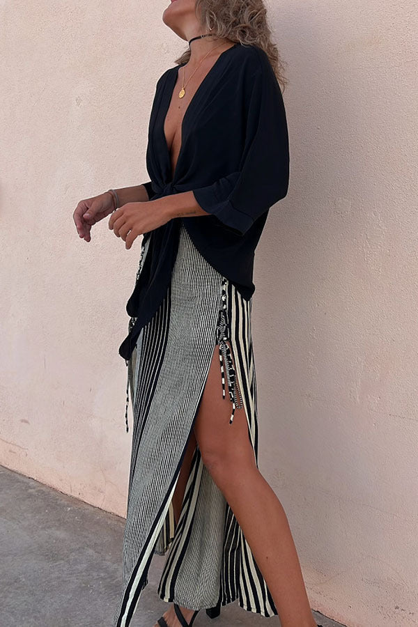 Casual Satin Top and Striped Slit Skirt Set – Trendy Fashion Outfit