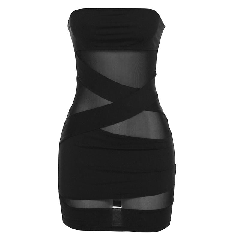 Winter Women Clothing Chest Wrapped off Neck Sexy See through Slim Fit Sheath Dress for Women