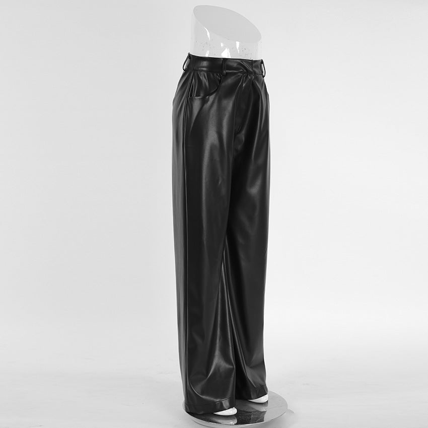 High-Waist Wide-legged Straight-Leg Faux Leather Pant