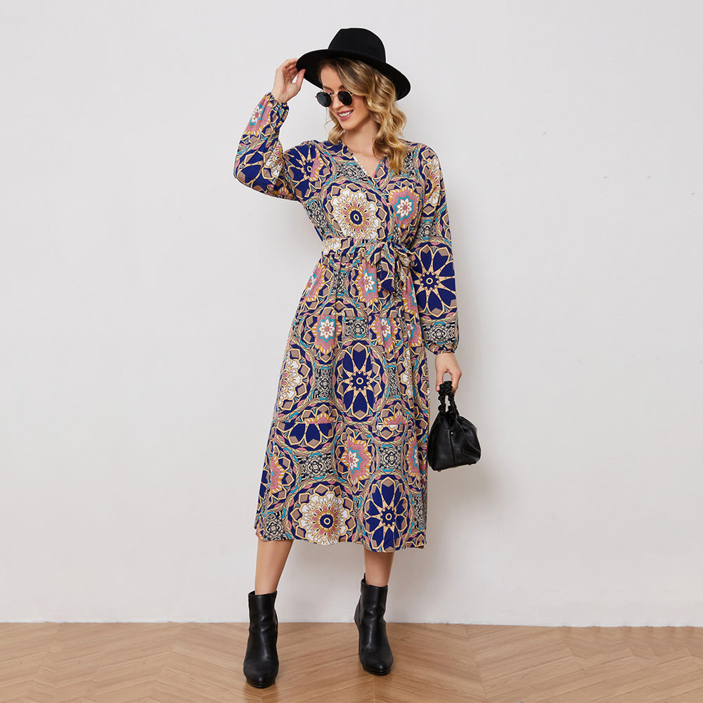 Abstract Holiday Floral Print Lace up Waist Long Sleeve Dress – Waist Controlled