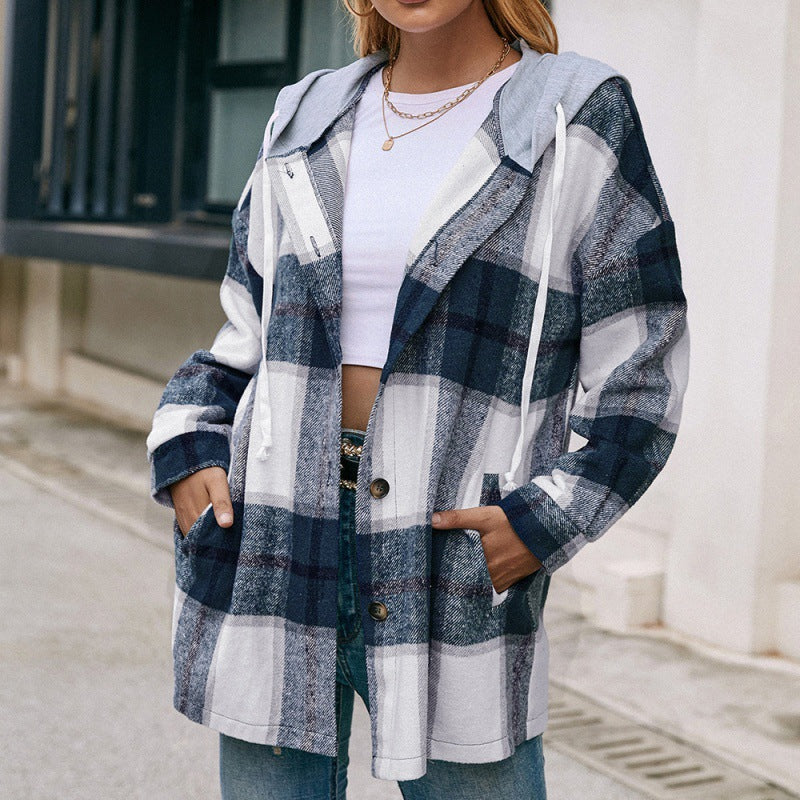 Plaid Hooded Casual Shacket: Loose-Fit Jacket for Stylish Outerwear