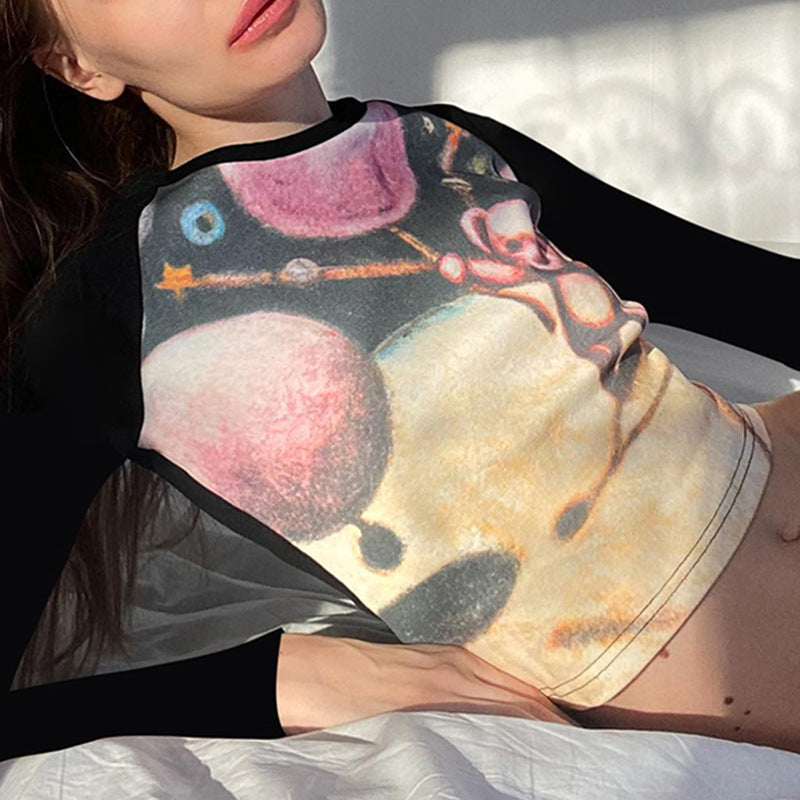 Cute Starry Bear Print Contrast Color Raglan T shirt – Slim Fit Long Sleeve Top