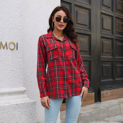 Plaid Shirt Brushed Long Sleeve Mid-Length Loose Shirt Women Top Women Clothing