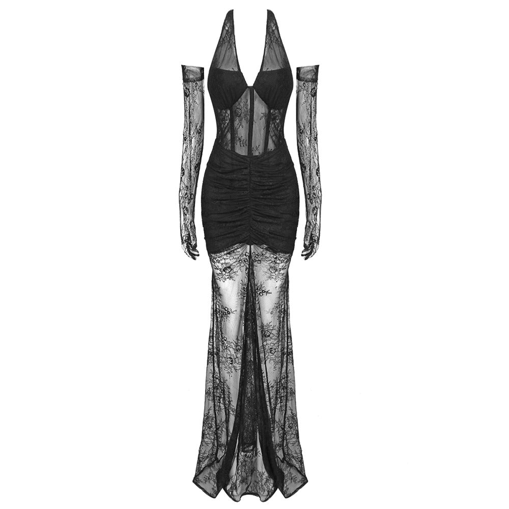 Spring Summer Black Blue Lace Halter Dress Women Gloves Semi-Transparent Sexy Dress