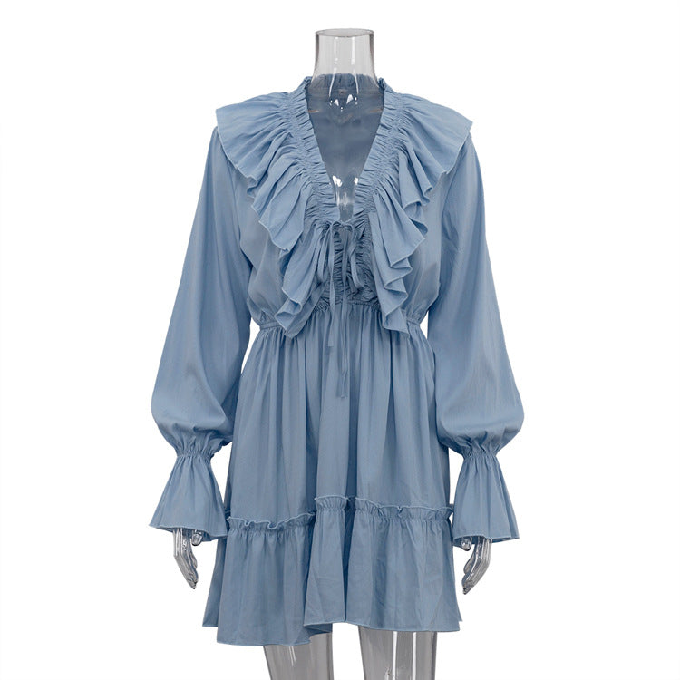 V-neck Pleated Ruffle Waist Long Sleeve Mini Dress