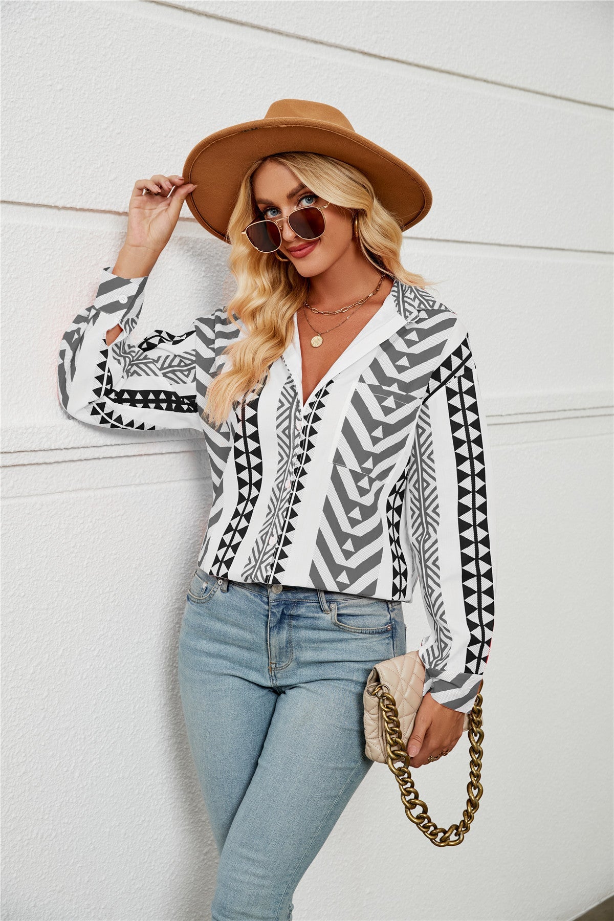 Women Bohemian Collared Shirt Striped Shirt Casual Women Top