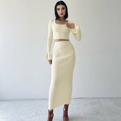 Women Clothing Autumn Sexy Cropped Sheath Slim Fit Long Sleeve Slightly Flared Skirt Set