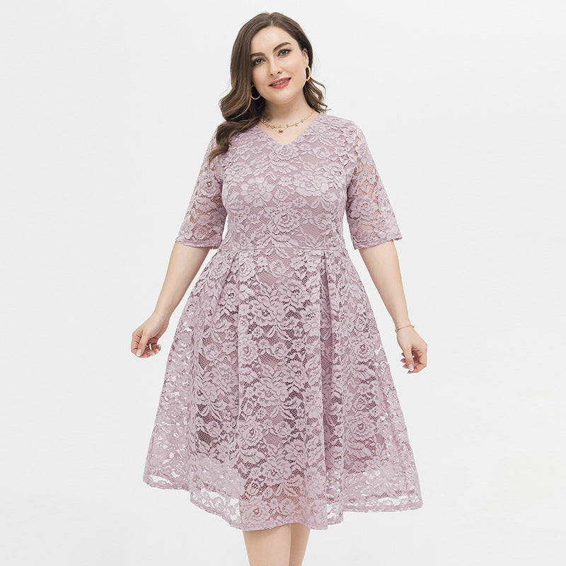 Plus Size Spring Summer Women Light Dress Large Lace Three Quarter Sleeve Dress