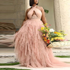 Plus Size Wedding  Women Dress Evening Dress Pink Halter Dress Large Swing Tulle Dress