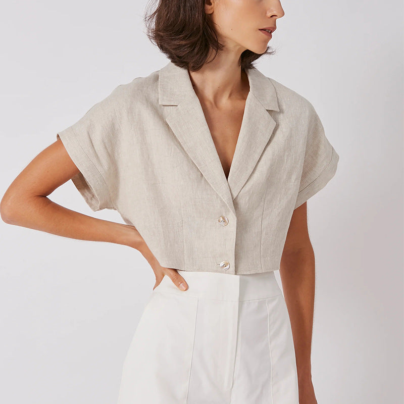 Summer French Cotton Linen Short Collared Shirt Urban Casual Design Pure Linen Short Sleeve Tup Cardigan