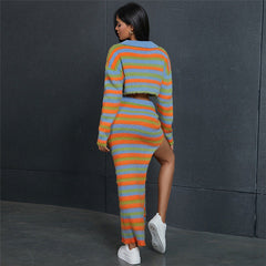 Fall Women Clothing Sexy Knitted Striped Contrast Color High Waist Slim Long Slit Skirt Sets