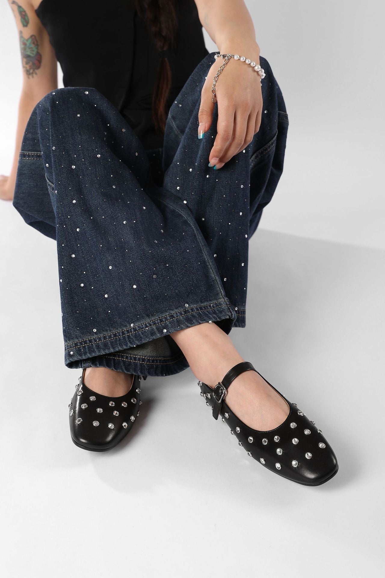 Studded Rhinestones Mary Jane One-Line Buckle Ballet Flats