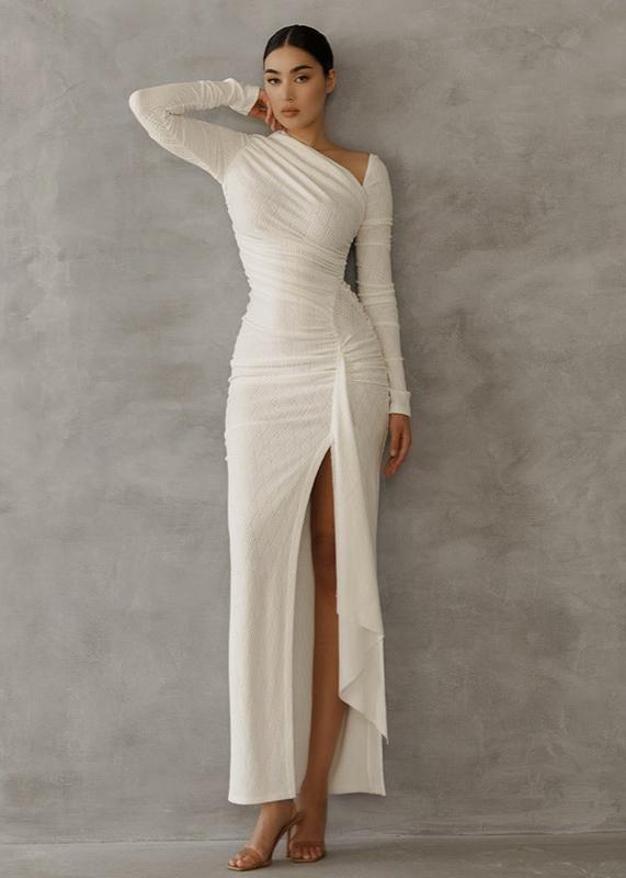 Ivory Elegance Maxi Dress with Asymmetric Draping