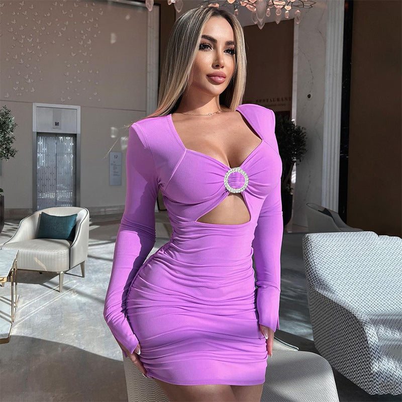 Women Clothing Autumn Winter Long Sleeve Hollow Out Cutout Sheath Sexy Dress