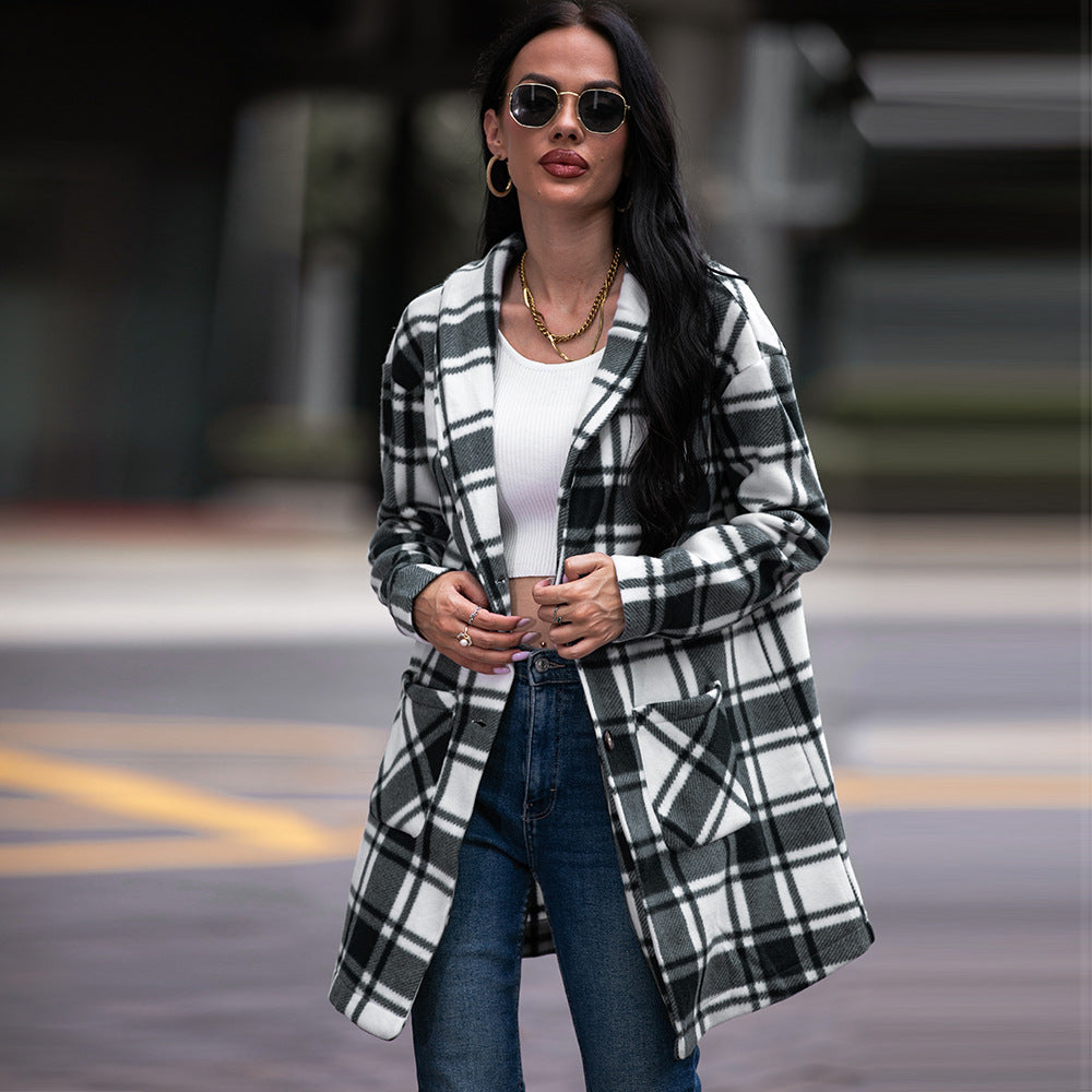 Autumn Winter Women’s Collared Pocket Plaid Wool Coat