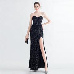 Colorful Sequin Lash Rope Chest Side Slit Tube Top Boning Corset Evening Dress