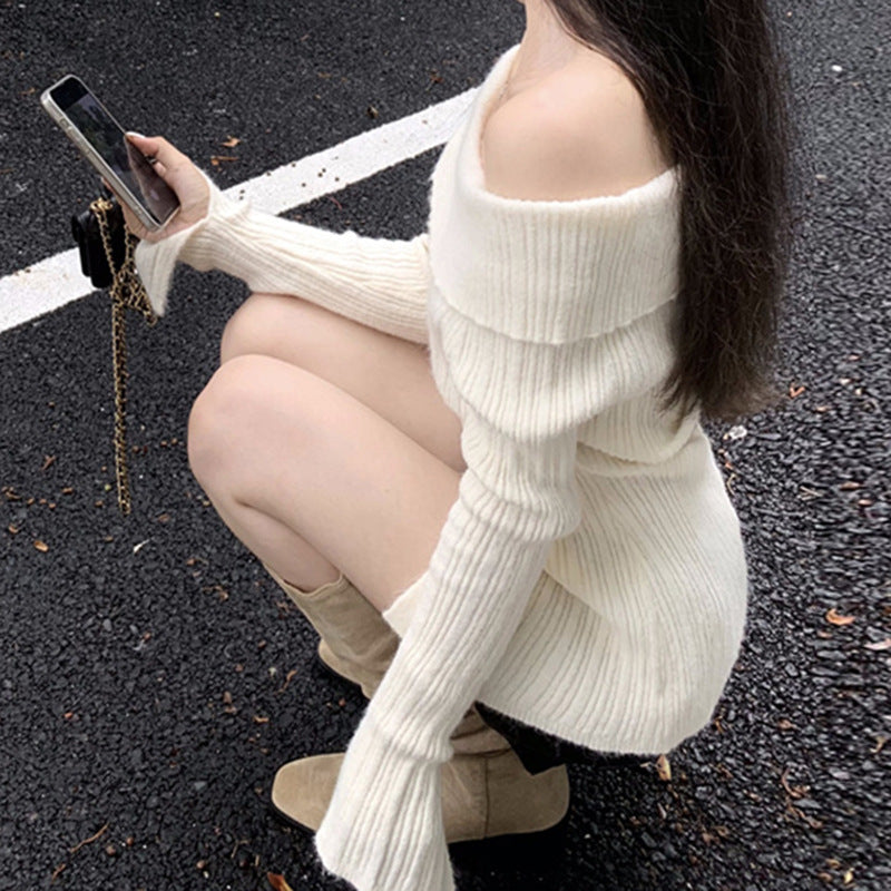 Autumn Off Neck Long Sleeved Sweater Women Solid Color Breasted Off Shoulder Design Simple Elegant White Top