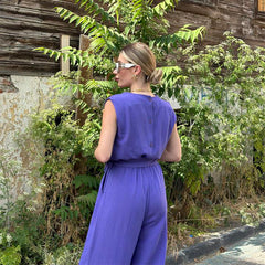 Casual Women Jumpsuit Solid Color Loose Waistcoat with Waist Lace up Loose Fitting Wide Leg Trousers Sets