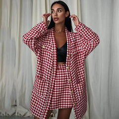 Women  Clothing Autumn Winter Chanel Suit Women  Houndstooth Tie Front Top Hip Skirt Two Piece Set