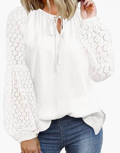 Women Clothing Round Neck Long Sleeve Lace Stitching Lace Loose T Shirt