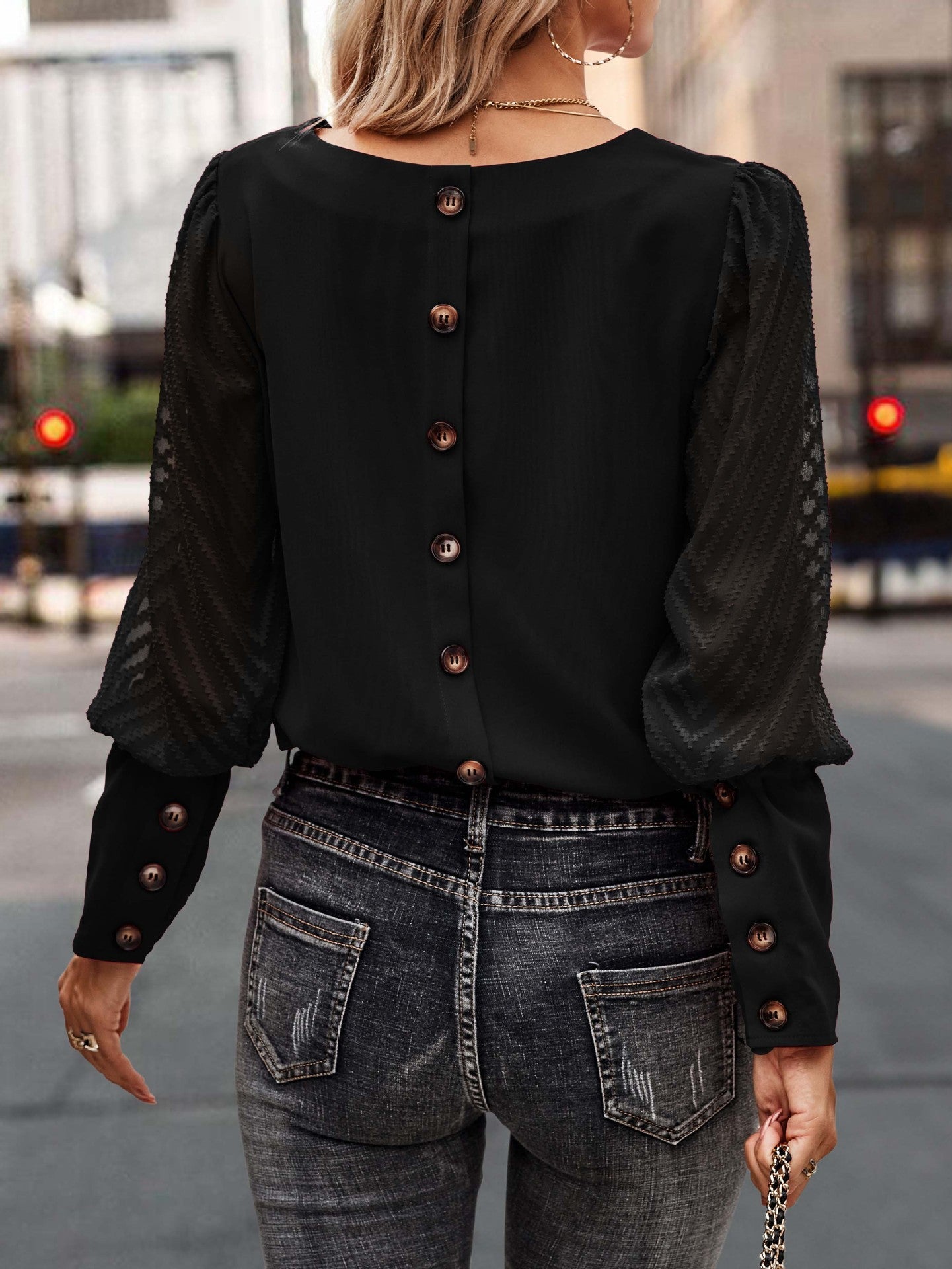 Fall Winter Solid Color round Neck Button Long Sleeve Blouse Top