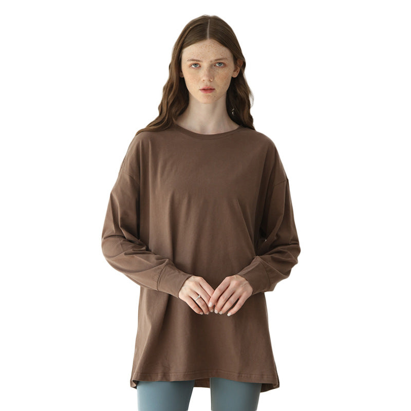 Pure Cotton Round Neck Loose Long Sleeves Bottoming Shirt Sexy Casual Sporty Simplicity T shirt Solid Color Top Women