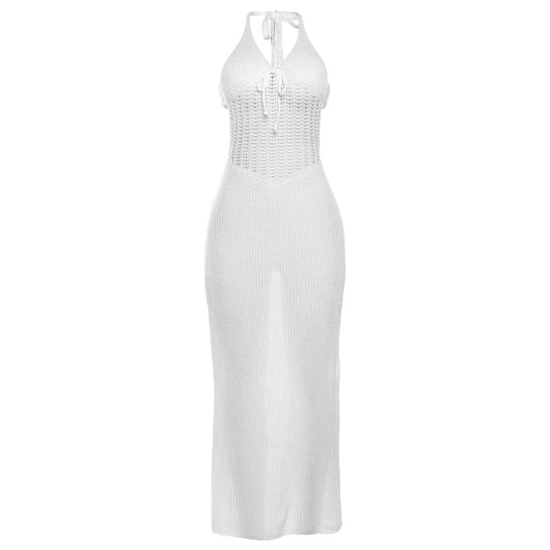 Spring Women’s Halter Backless Knitted Hollow Out Dress – Sexy Low Cut See Through Cutout Dress